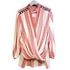 Creme Fraiche Embroidered Surplice Blouse Medium Red Ivory Boho Resort Tunic